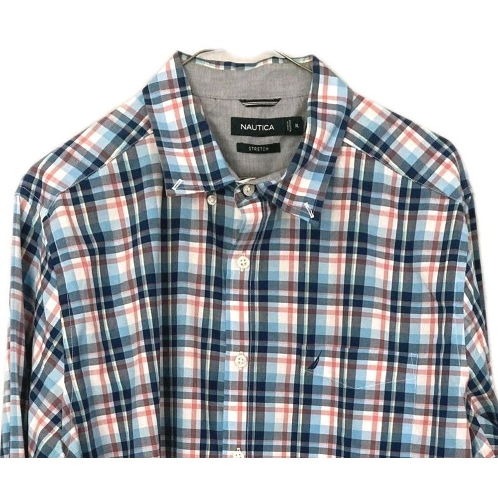 Nautica Shirt Men XL Blue Plaid Stretch Long Sleeve Button Dn. Cotton Casual EUC